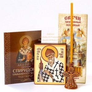 Orthodox gift set with the icon of St. Spyridon Trimythous from Holy Dormition Pskovo-Petchersky monastery