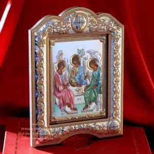 The Great Miraculous Christian Orthodox Silver Icon - The Saint Trinity 21x28/ Gold and silver version/Coloured version/Frame with glass. B335