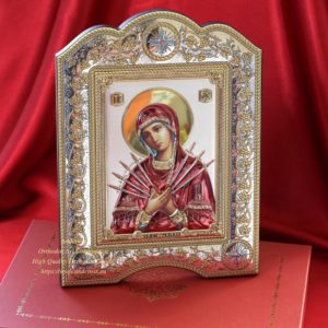 The Great Miraculous Christian Orthodox Silver Icon - The Seven Swords Mother of God 21x28 Gold and silver version/Coloured version. B336