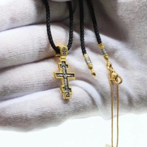 Orthodox Russian Body Save And Protect Prayer Cross Silver 925+999 Gold Gild + Natural Silk Cotton Black NeckCord SET. B364