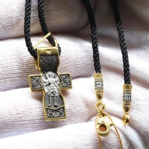 Archangel Michael Icon Orthodox Russian Body Prayer Cross Silver 925+999 Gold Gild + Natural Silk Cotton Black NeckCord SET. B363