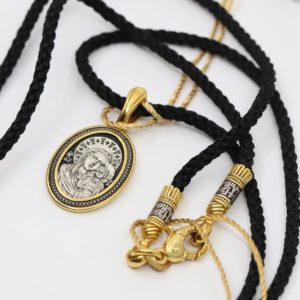Mother of God Kazan Orthodox Russian Body Prayer Pendant Silver 925+999 Gold Gild + Natural Silk Cotton Black NeckCord SET. B365