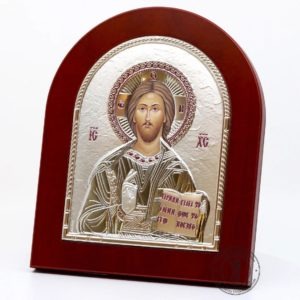 Wooden Oval Orthodox Icon Lord Jesus Christ Pantocrator. Silver Plated .999. B247