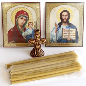 Gift Set Monastery Russian Orthodox Church Quality 24 Wax Candles + Ceramic Holder + Laminated Icons. B169