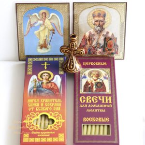 Gift Set Monastery Russian Orthodox Church Quality Wax Candles + Ceramic Holder + Laminated Icons. B229