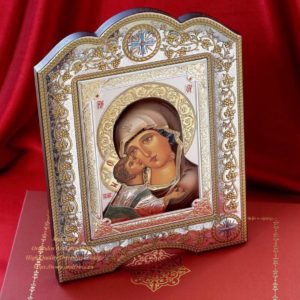 The Great Miraculous Christian Orthodox Silver Icon - The Vladimir Mother of God/Gold and silver version/Coloured version. B272