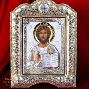 The Great Miraculous Christian Orthodox Silver icon- Christ Pantocrator 21x28 Gold and silver version/Frame with glass. B268