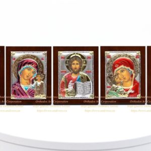 Set of 5 Small Russian Orthodox Icons Lord Jesus Christ Mother of God Kazan Mother of God Vladimir Holy Family St George. Silver Plated .999. B120