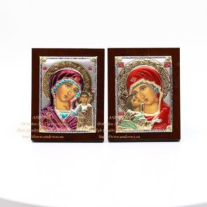 Set of 2 Small Russian Orthodox Icons Mother of God Kazan, Mother of God Vladimir. Silver Plated .999 ( 6cm X 4cm ). B121