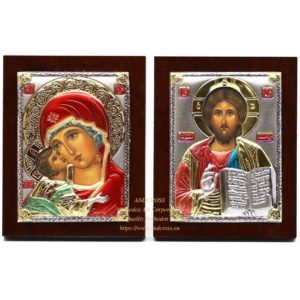 Set of 2 Small Russian Orthodox Icons Mother of God Vladimir, Lord Jesus Christ. Silver Plated .999 ( 6cm X 4cm ). B125