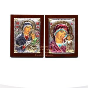 Set of 2 Small Russian Orthodox Icons Mother of God Amolyntos, Mother of God Kazan. Silver Plated .999 ( 6cm X 4cm ). B130