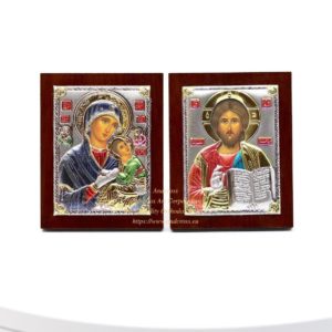 Set of 2 Small Russian Orthodox Icons Mother of God Amolyntos, Christ Pantocrator. Silver Plated .999 ( 6cm X 4cm ). B131