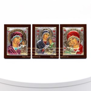 Set of 3 Small Russian Orthodox Icons Mother of God Amolyntos, Mother of God Kazan, Mother of God Vladimir. Silver Plated .999 ( 6cm X 4cm ). B132