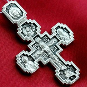 Big Russian Orthodox Body Prayer Cross Silver 925 Mother Of God Pokrov & Saints. B227
