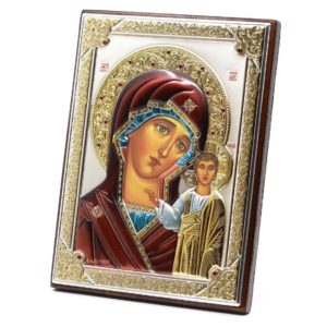 Medium Wooden Russian Orthodox Icon Mother Of God Kazan. Silver Plated .999 Oklad Riza ( 5.12" X 7.1" ) 13cm X 18cm. B159