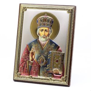 Medium Wooden Russian Orthodox Icon St Nicholas Wonderworker. Silver Plated .999 Oklad Riza ( 5.12" X 7.1" ) 13cm X 18cm. B161
