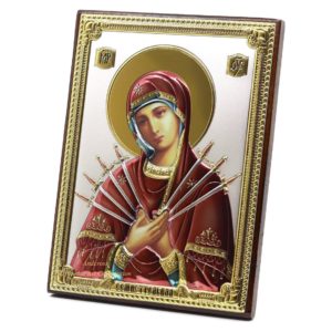 Medium Wooden Russian Orthodox Icon Mother Of God Seven Arrows. Silver Plated .999 Oklad Riza ( 5.12" X 7.1" ) 13cm X 18cm. B163