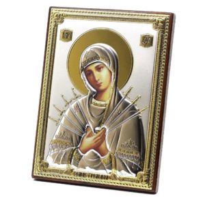 Medium Wooden Russian Orthodox Icon Mother Of God Seven Arrows. Silver Plated .999 Oklad Riza ( 5.12" X 7.1" ) 13cm X 18cm. B164