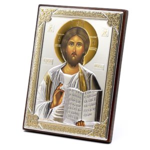 Medium Wooden Russian Orthodox Icon Lord Jesus Christ Pantocrator. Silver Plated .999 Oklad Riza ( 5.12" X 7.1" ) 13cm X 18cm. B166