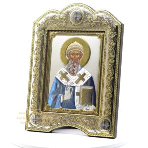 The Great Miraculous Christian Orthodox Silver Icon The Saint Spyridon Bishop of Trimythous 21x28/Gold and silver version/Frame with glass. B105