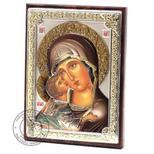 Medium Wooden Russian Orthodox Icon Mother Of God Vladimir. Silver Plated .999 Oklad Riza ( 3.1" X 4.3" ) 8cm X 11cm. B198