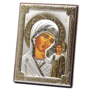 Medium Wooden Russian Orthodox Icon Mother Of God Kazan. Silver Plated .999 Oklad Riza ( 5.12" X 7.1" ) 13cm X 18cm. B160