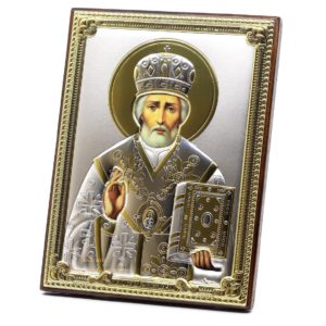 Medium Wooden Russian Orthodox Icon St Nicholas Wonderworker. Silver Plated .999 Oklad Riza ( 5.12" X 7.1" ) 13cm X 18cm. B162