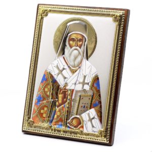 Medium Wooden Russian Orthodox Icon St Nektarios. Silver Plated .999 Oklad Riza ( 5.12" X 7.1" ) 13cm X 18cm. B167