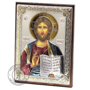 Medium Wooden Russian Orthodox Icon Lord Jesus Christ Pantocrator. Silver Plated .999 Oklad Riza ( 3.1" X 4.3" ) 8cm X 11cm. B196