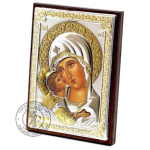 Medium Wooden Russian Orthodox Icon Mother Of God Vladimir. Silver Plated .999 Oklad Riza ( 3.1" X 4.3" ) 8cm X 11cm. B199