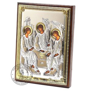 Medium Wooden Russian Orthodox Icon Holy Trinity. Silver Plated .999 Oklad Riza ( 3.1" X 4.3" ) 8cm X 11cm. B207