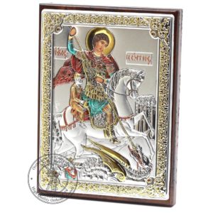 Medium Wooden Russian Orthodox Icon St George Warrior. Silver Plated .999 Oklad Riza ( 3.1" X 4.3" ) 8cm X 11cm. B210