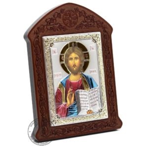 Wooden Framed Orthodox Icon Lord Jesus Christ Pantocrator. Silver Plated .999 Oklad Riza ( 6.5" X 4.9" ) 16.5cm X 12.5cm. B276