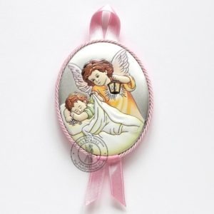 Baby Catholic Wood Icon Guardian Angel Praying Over Baby. Silver Plated .999 ( 3.5" X 2.8" ) 9cm X 7cm ( For Girls ). B282