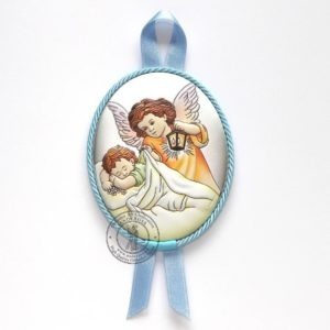 Baby Catholic Wood Icon Guardian Angel Praying Over Baby. Silver Plated .999 ( 3.5" X 2.8" ) 9cm X 7cm ( For Boys ). B281