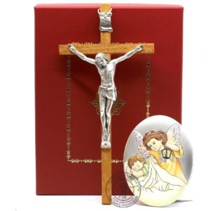 Baby Catholic Wood Icon Guardian Angel Praying Over Baby. Silver Plated .999 ( 3.5" X 2.8" ) 9cm X 7cm + Wooden Christian Cross. B287