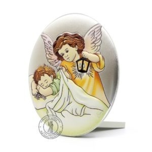 Baby Catholic Wood Icon Guardian Angel Praying Over Baby. Silver Plated .999 ( 3.5" X 2.8" ) 9cm X 7cm. B285