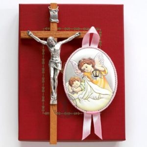 Baby Catholic Wood Icon Guardian Angel Praying Over Baby. Silver Plated .999 ( 3.5" X 2.8" ) 9cm X 7cm + Wooden Christian Cross. B279