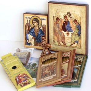 Gift Set, Monastery Russian Orthodox Church, Quality Wax Candles, Ceramic Holder, Wooden Icons, 8 special Items. B464