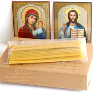 Monastery Russian Orthodox Church, Quality 24 Wax Candles, Ceramic Holder, 2 icon cards, Gift Set. B470