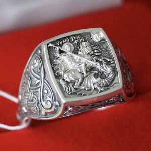 Saint George Warrior & Dragon Russian Greek Orthodox Prayer Ring Sterling Silver 925. Authentic Christian Jewelry. B495