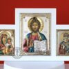 Christian Wooden Triptych With Silver Plated Icons Virgin Mary
