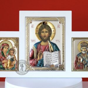 Christian Wooden Triptych With Silver Plated Icons Virgin Mary, Jesus Christ and Saint Nicholas, HandMade + Gift Box. B488