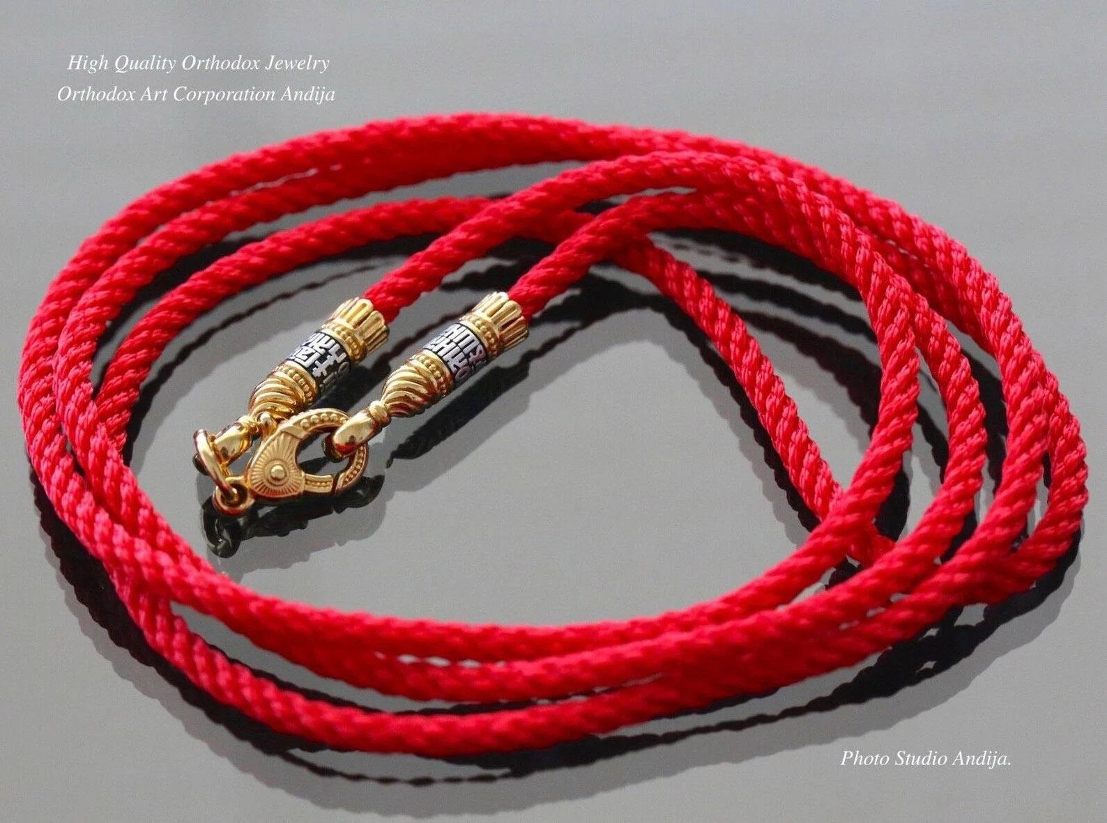 Orthodox Braided Handmade Red Silk Cotton Neck Jewelry Cord Orthodox Prayer lock Silver925 + 999 Gold Plating 24K 2