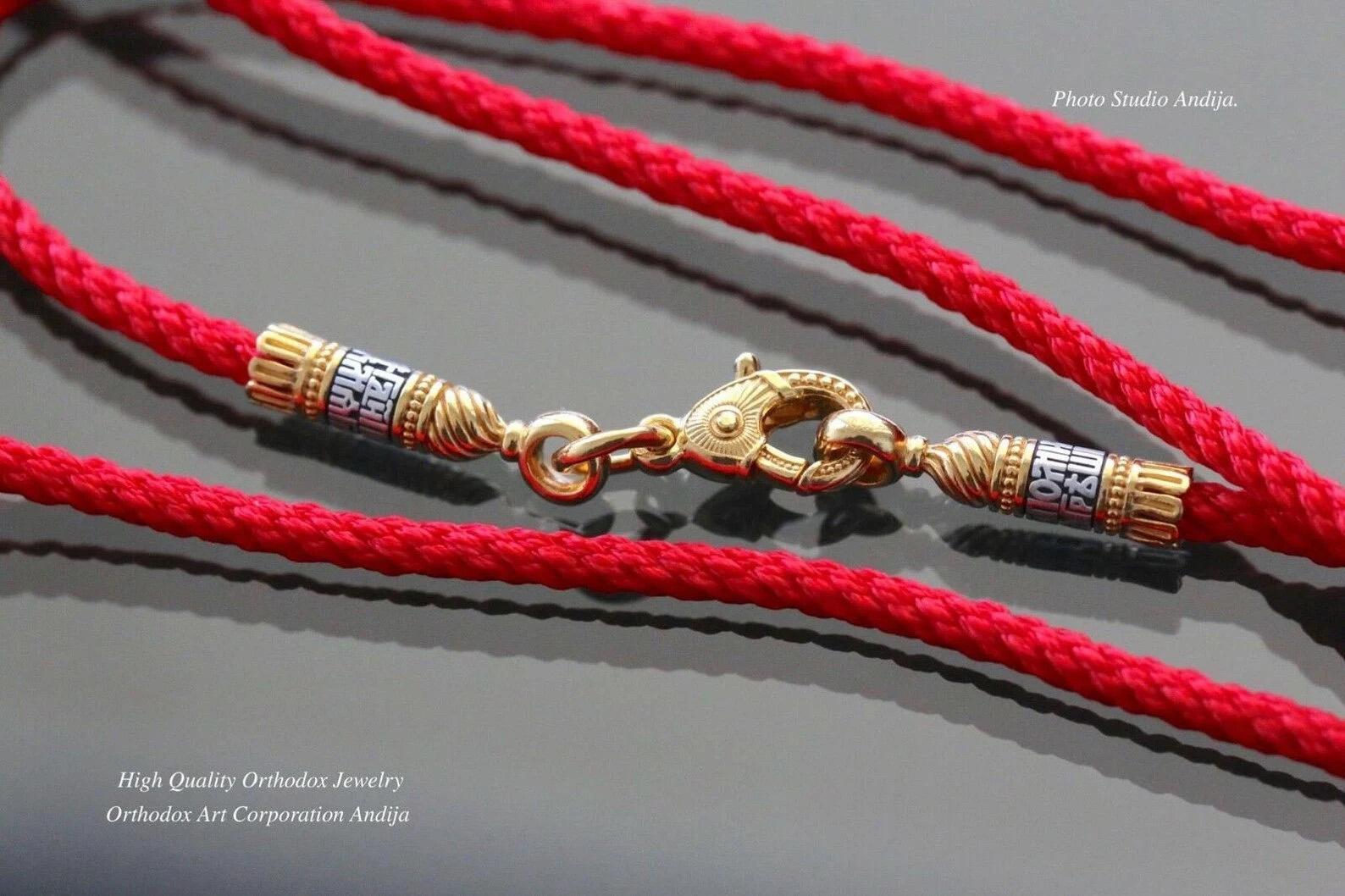 5mm Wide. B507|Christian Braided Handmade Red Silk Cotton Neck Jewelry Cord Orthodox Prayer lock Silver925 + 999 Gold Plating 24K 2