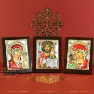 SilverPlated.999 Orthodox Icons Lord Jesus Christ. Mother of God Kazan. Mother of God Vladimir. Set of 3 icons. ( 6.4cm X 5cm ). B354