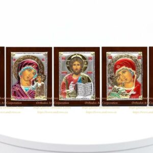 SilverPlated.999 Set of 5 icons.Lord Jesus Christ. Mother of God Kazan. Mother of God Vladimir. Holy Family. St George. icons (6.4cm X 5cm). B323