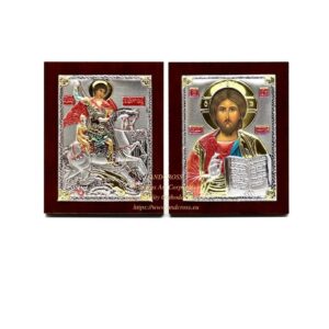 Silver Plated .999 Orthodox icons. St George Warrior, Lord Jesus Christ. Set of 2 icons ( 6.4cm X 5cm ). B317