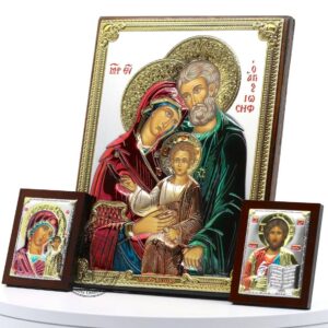 The Holy Family + 2 Small Icons Set. Christian Icon Silver Plated .999 ( 5.12" X 7.1" ) 13cm X 18cm. B373