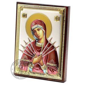 Mother Of God Seven Arrows. Wooden Christian Orthodox Icon Silver Plated .999 Oklad Riza ( 3.1" X 4.3" ) 8cm X 11cm. B412